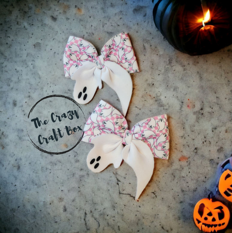 Neoprene Ghost Bow – Pink Gingham Halloween Hair Accessory for Girls & Pets