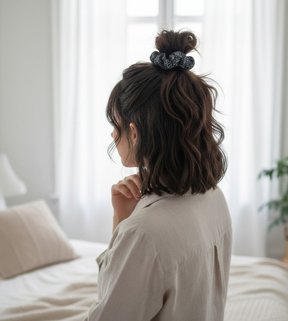 Whiskers n Bows black hair scrunchie with white spider web pattern worn in a half-up hairstyle by a woman