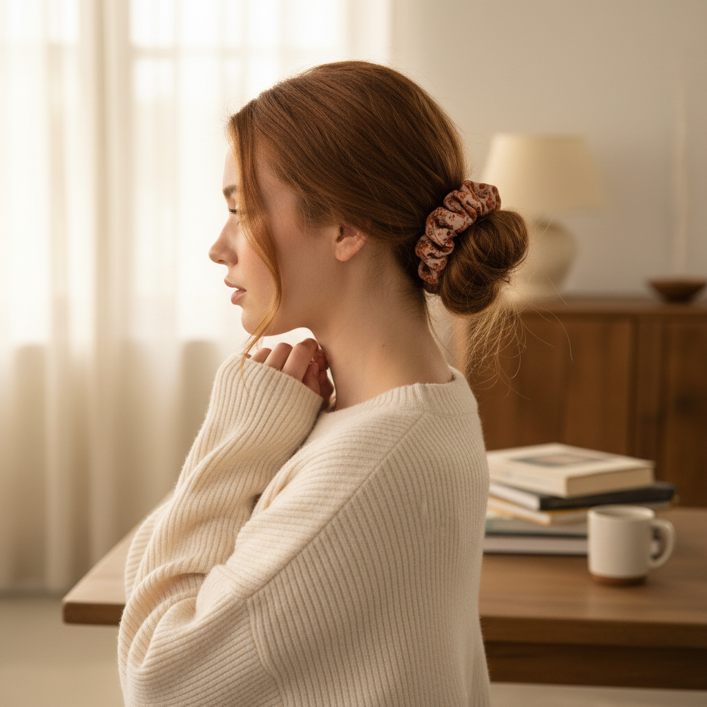 Whiskers n Bows vintage floral scrunchie in rust and cream worn in a messy bun by a woman in a cozy cream sweater