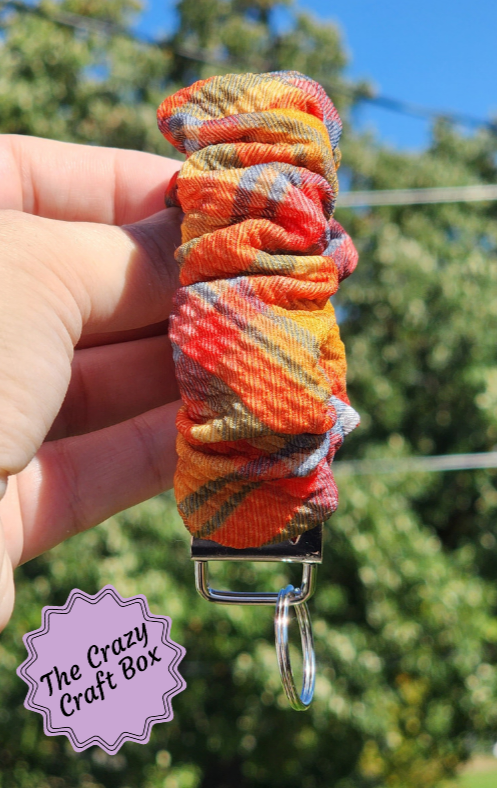 Autumn Plaid & Pumpkin Wristlet Key Fob – Fall Fabric Keychain for Keys, Badges, or Small Accessories
