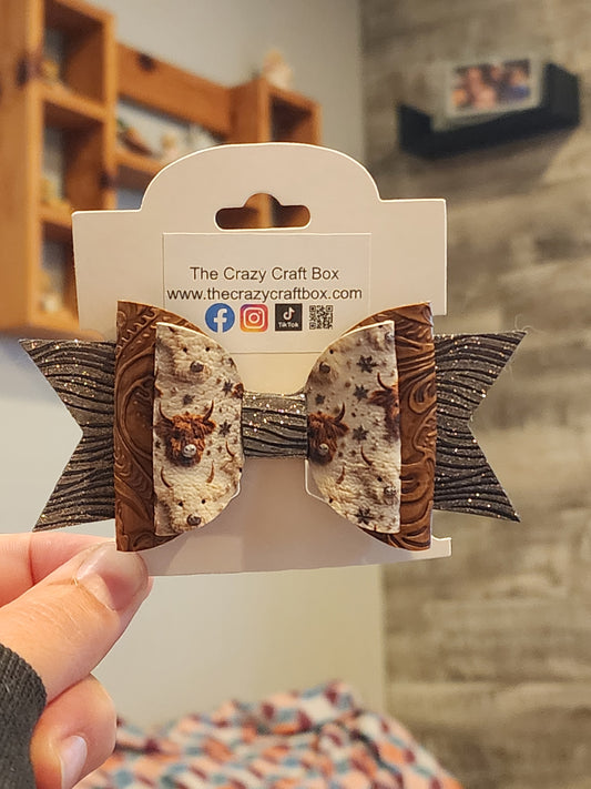 Western Cow Print Faux Leather Hair Bow | Brown & Silver Layered Bow | Handmade Accessory for Girls, Toddlers & Pets | Rustic Boho Hair Clip