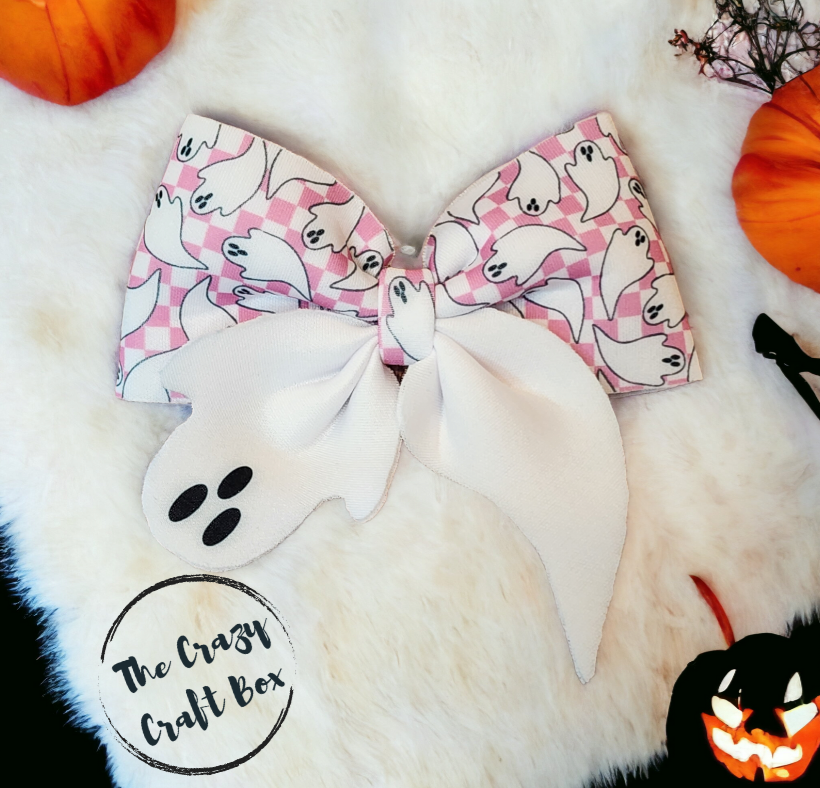 Neoprene Ghost Bow – Pink Gingham Halloween Hair Accessory for Girls & Pets