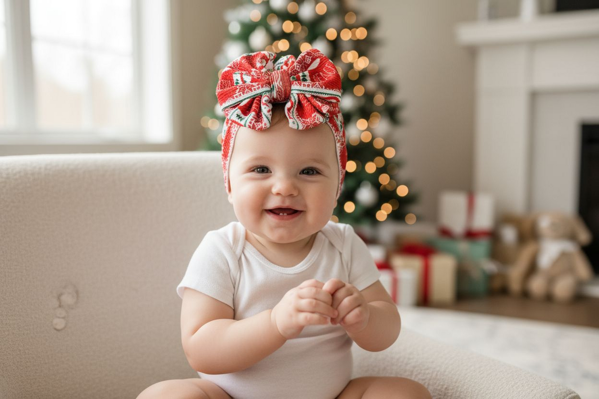 Christmas Baby Headwrap with Messy Oversized Bow – Festive Holiday Baby Headband