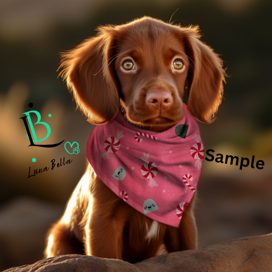 Pink Christmas Candy Scrunchie Back Pet Bandana | Dog & Cat Bandanas | Christmas & Everyday Pet Accessories (XS–XL)