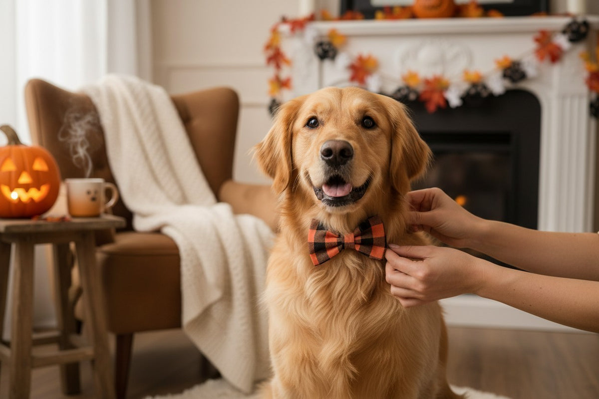 Orange & Black Buffalo Plaid Pet Bow Tie | Fall Dog & Cat Collar Bow Tie