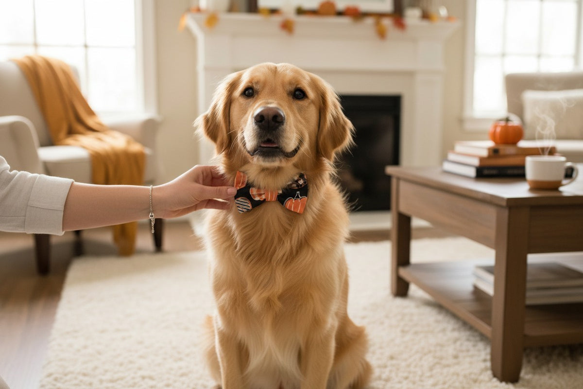 Orange Pumpkin Print Bow Tie Collar Accessory | Handmade Pet Outfit for Dogs & Cats