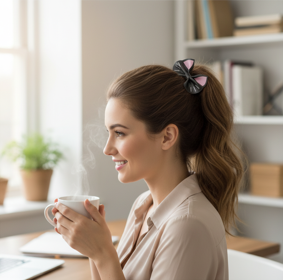 Whiskers n Bows black faux leather cat ear hair bow worn in a ponytail by a smiling woman holding a coffee mug.