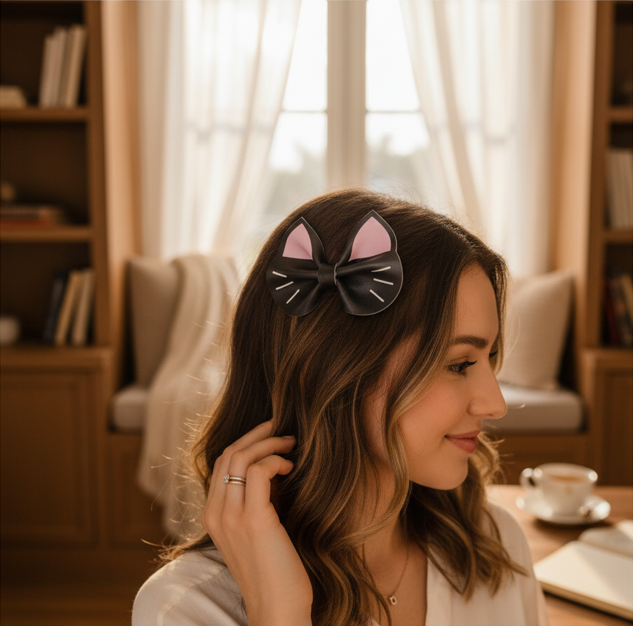 Whiskers n Bows black faux leather cat ear hair bow worn by a woman in a cozy room