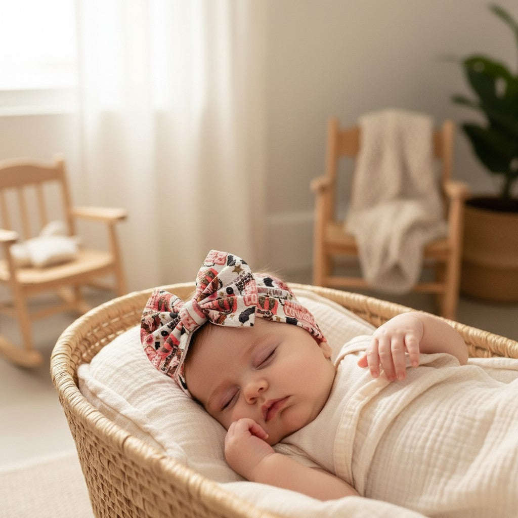 Whiskers n Bows baby wearing a cowgirl print bullet fabric headwrap while sleeping in a wicker basket