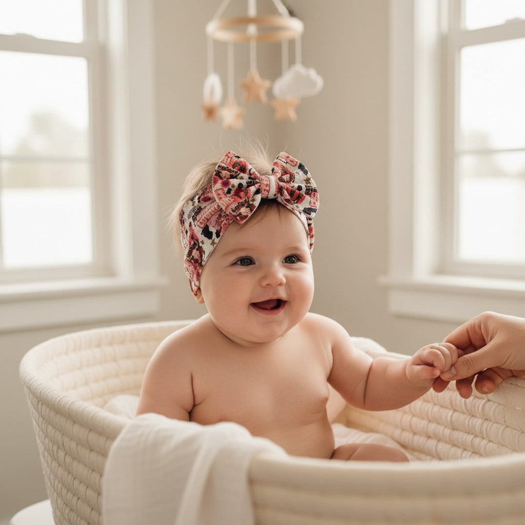 Whiskers n Bows baby wearing a soft bullet fabric cowgirl print headwrap while sitting in a woven basket