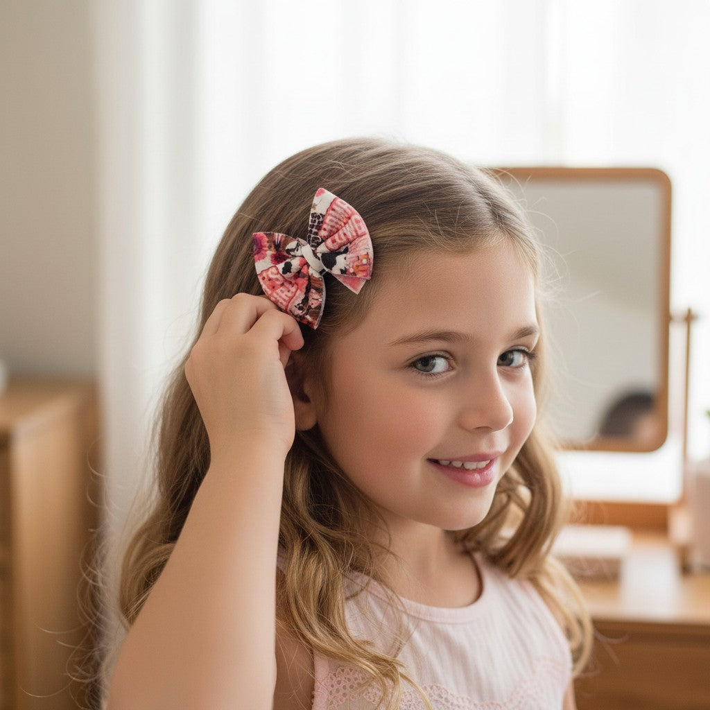 Whiskers n Bows cowgirl print hair bow clip worn by a young girl with long wavy hair in a bedroom setting