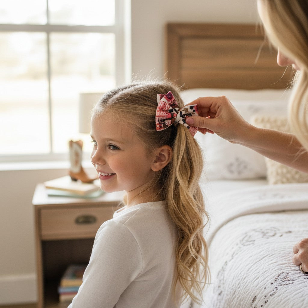 Whiskers n Bows cowgirl print hair bow clipped into a young girl's blonde hair in a bright bedroom setting