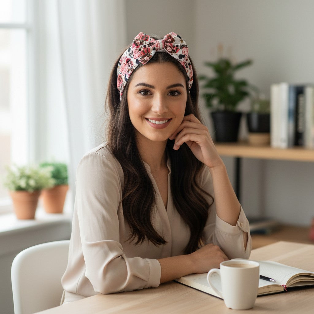 Whiskers n Bows cowgirl print bullet fabric headwrap worn by a smiling woman sitting at a desk with a coffee mug