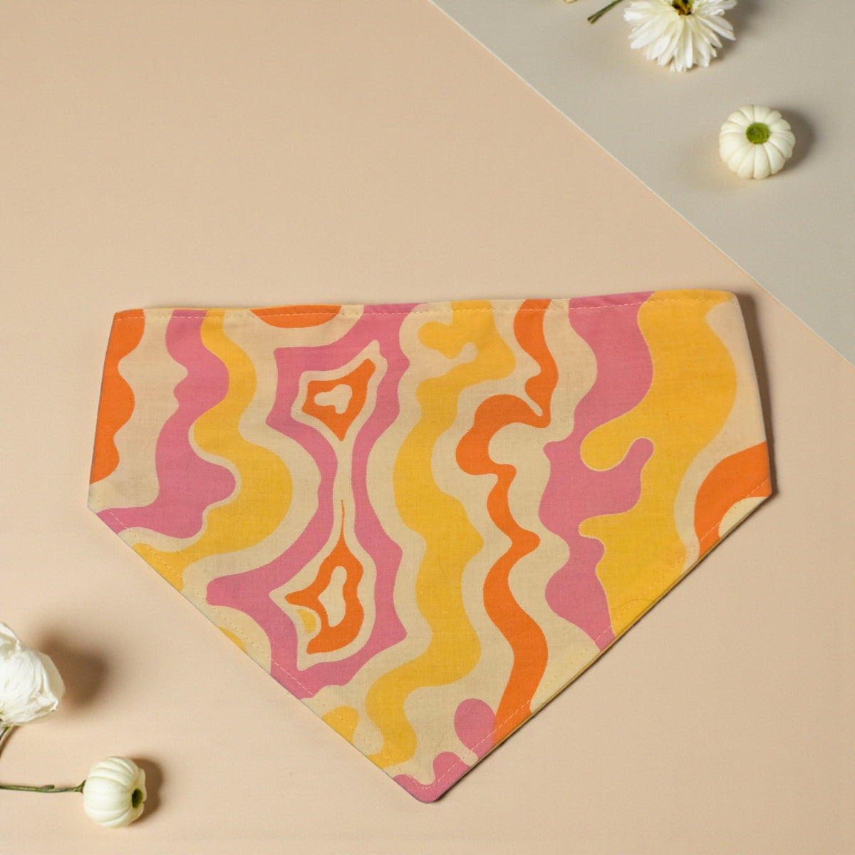 Whiskers n Bows orange and yellow groovy patterned cotton pet bandana with a comfortable slip-on scrunchie back.