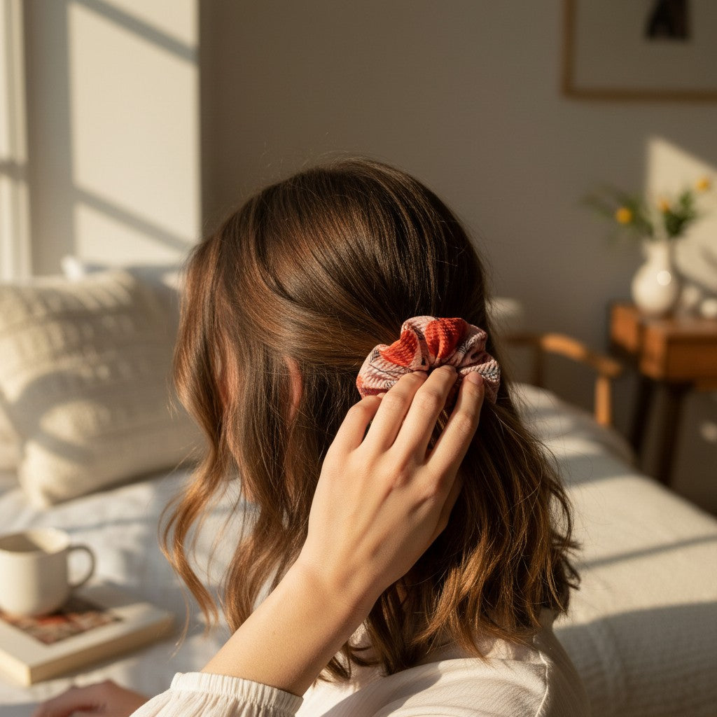Whiskers n Bows pumpkin print scrunchie in red and pink worn in a woman's hair in a cozy sunlit bedroom setting
