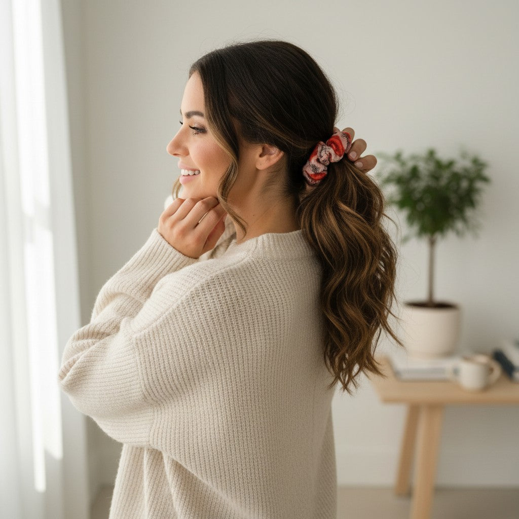 Whiskers n Bows pumpkin print scrunchie in red and pink worn in a ponytail by a woman in a cozy beige sweater