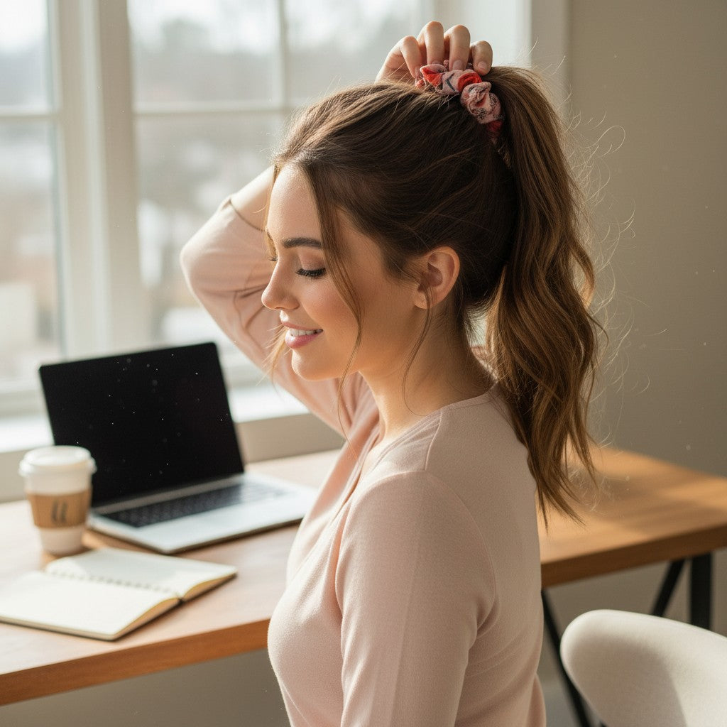 Whiskers n Bows red pumpkin print scrunchie on a pink background worn in a ponytail by a woman at a desk