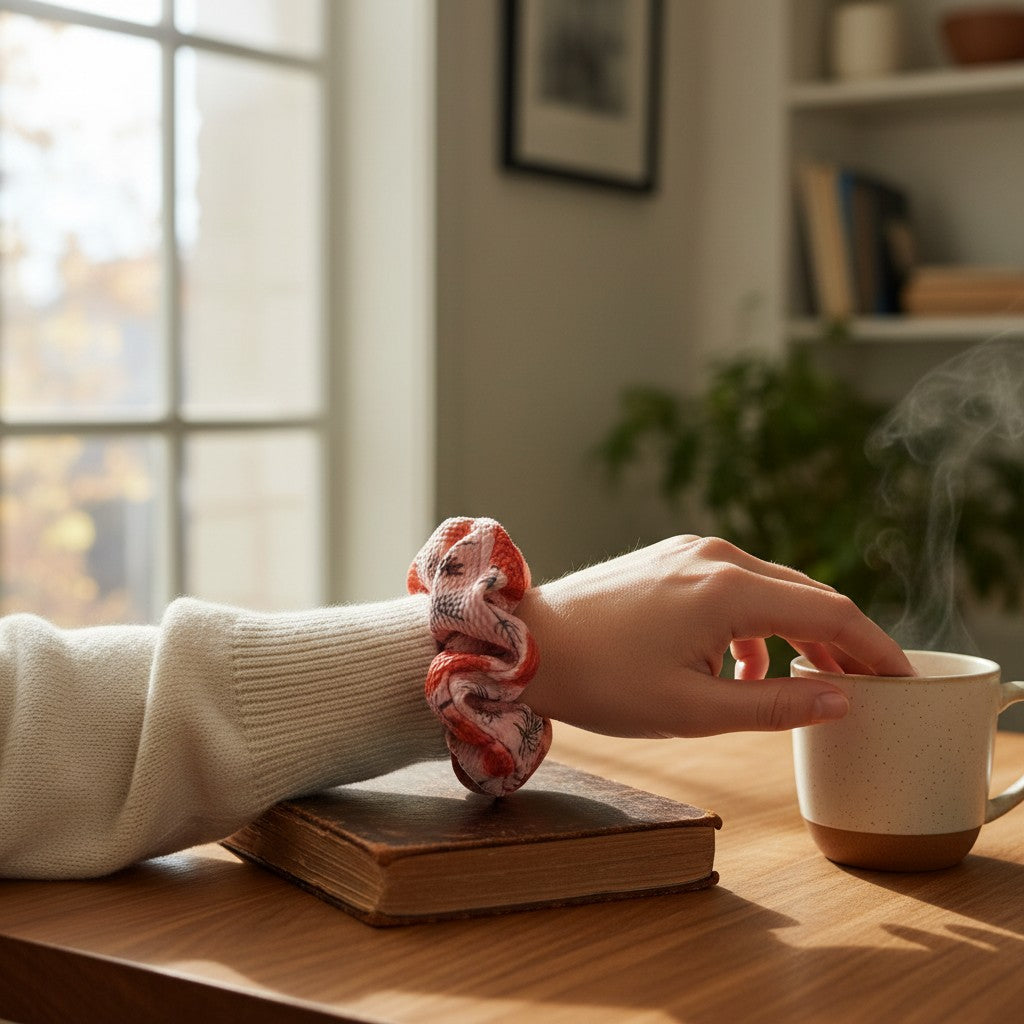 Whiskers n Bows pumpkin print scrunchie in red and pink worn on a wrist next to a steaming mug and book