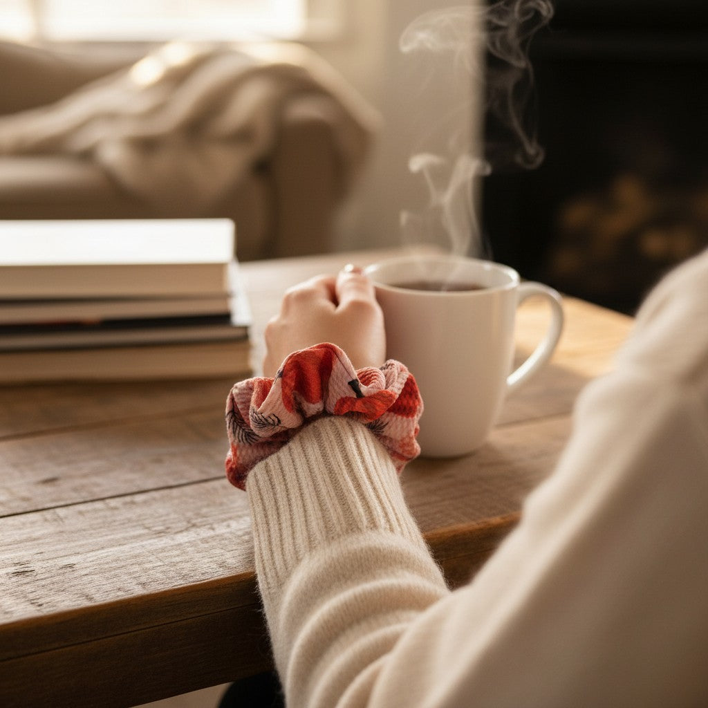 Whiskers n Bows red pumpkin print scrunchie on a wrist, worn with a cozy sweater next to a steaming mug of coffee.
