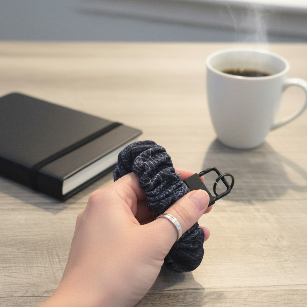 Whiskers n Bows fabric scrunchie wristlet keychain in dark blue with a spiderweb pattern held in a hand