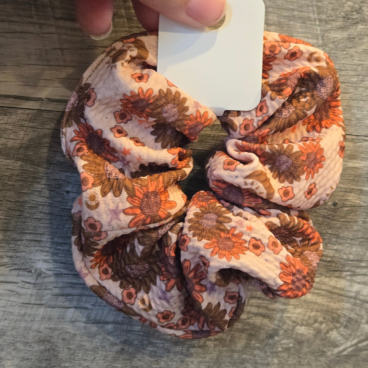 Whiskers n Bows vintage floral scrunchie in rust, brown, and cream fabric for a cozy autumn hair accessory