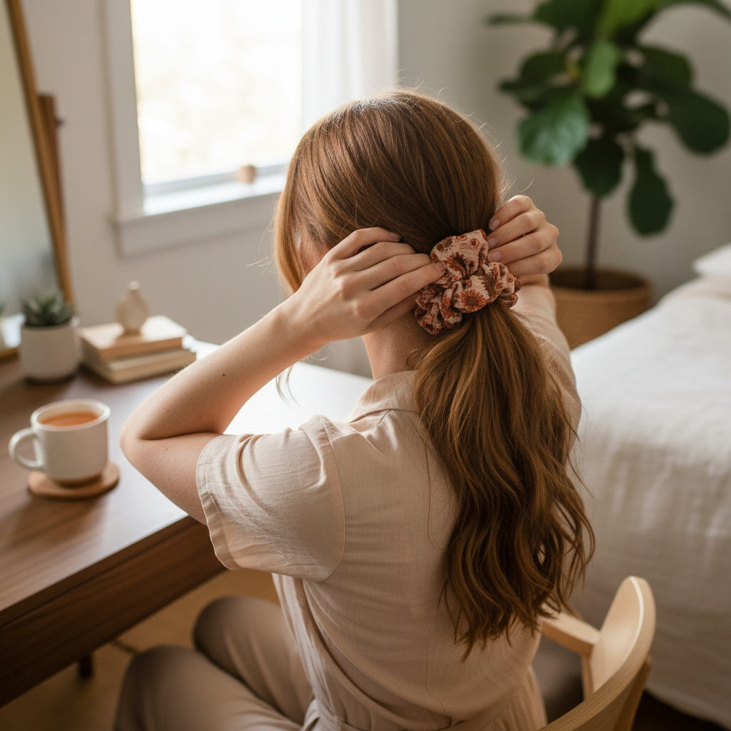 Whiskers n Bows vintage floral scrunchie in rust and cream worn by a woman in a cozy bedroom setting